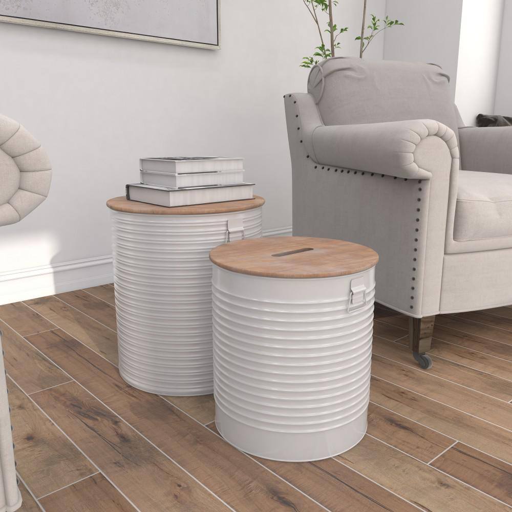 White Metal Cylinder Storage Stools with Brown Wood Tops, Set of 2