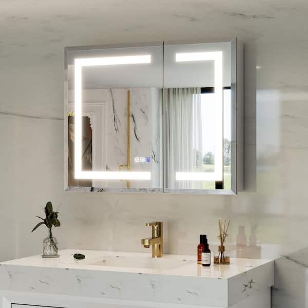 Bevel Edge 30 in. W x 24 in. H Rectangular Aluminum Recessed/Surface Mount LED Medicine Cabinet with Mirror, DTC Hinge