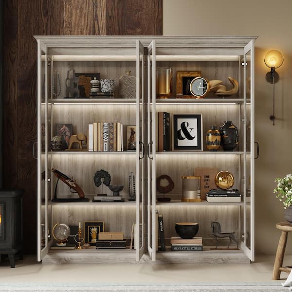FUFU&GAGA Gray Oak 68.5 in. Display Cabinet with Tempered Glass