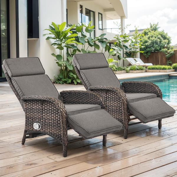 Modern Brown 2-Piece Wicker Outdoor Chaise Lounge with Gray Cushions and Adjustable Recline Functions for Patio/Porch