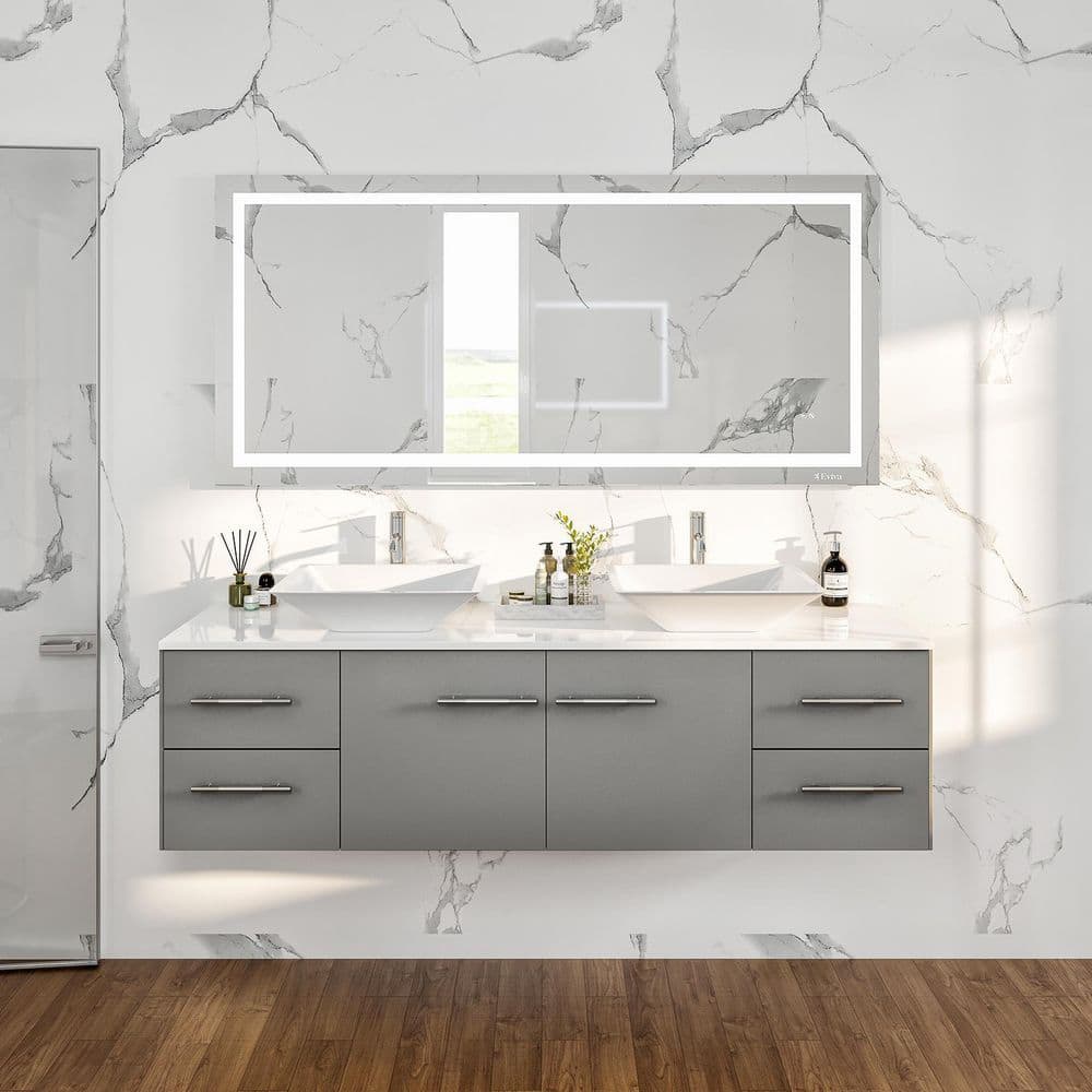 Gray Modern Double Sink Wall-Mount Bathroom Vanity with White Quartz Top