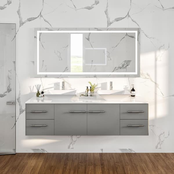 Eviva Totti Wave 60 in. W x 16 in. D x 22 in. H Double Bathroom Vanity in Gray with White Glassos Top with White Sink