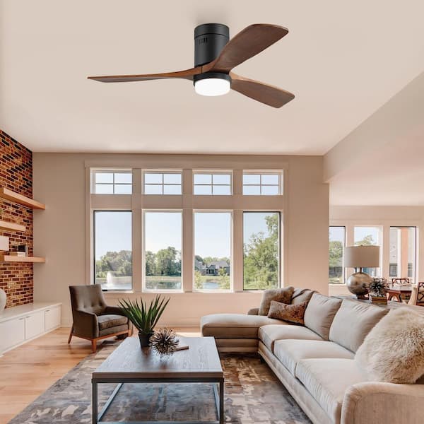 52 in. LED Indoor/Outdoor Flush Mount Matte Black Ceiling Fan with Wood Blades, 6-Speed DC Remote Control