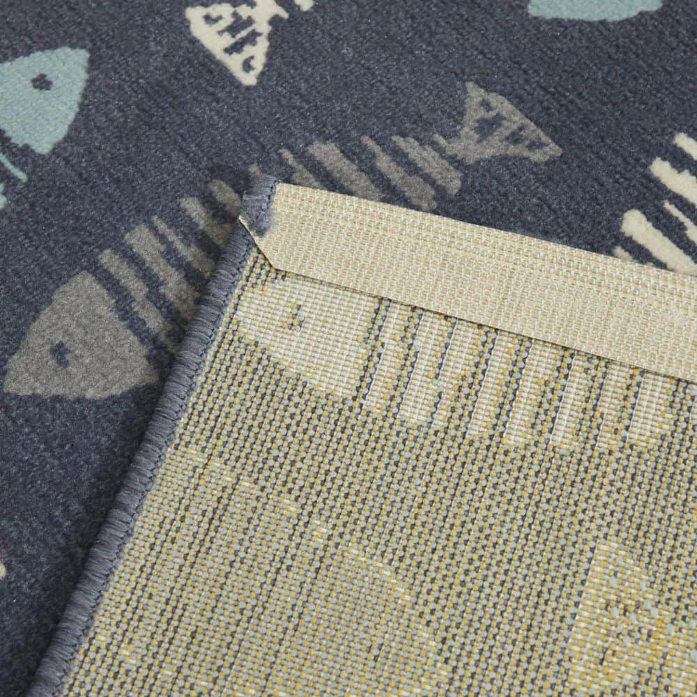 Blue Rectangular Geometric Fish Pattern Synthetic Area Rug