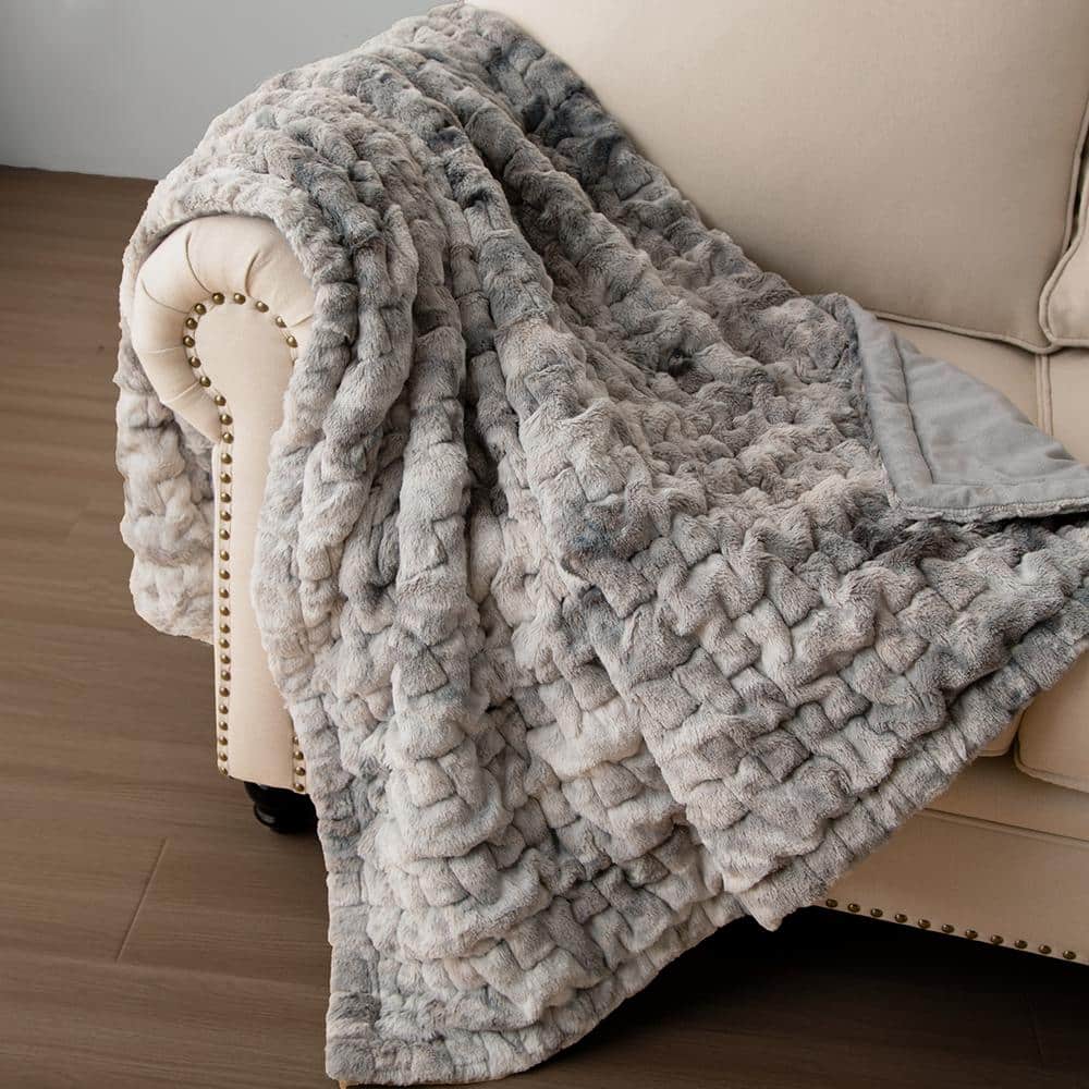 Simple 60 in. L x 50 in. W Gray Ruched Faux Fur Throw Blanket with Ribbon a