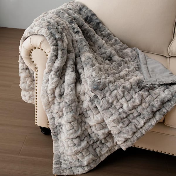 Unbranded Simple 60 in. L x 50 in. W Gray Ruched Faux Fur Throw Blanket with Ribbon and Insert, Machine Washable, for Bedroom