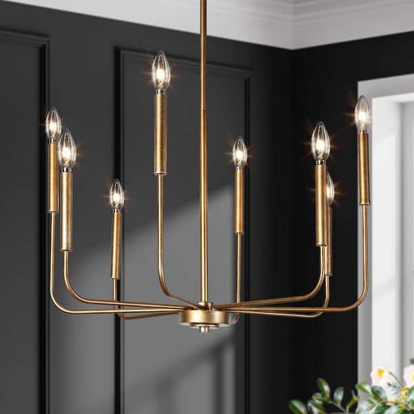 LNC Modern Vintage Gold Chandelier 8-Light 27 in. Candlestick Farmhouse Dining Room Chandelier with Minimalist Linear Arms