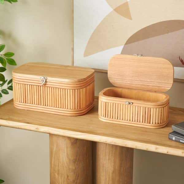 Brown Oval Wood Ribbed Box with Brass Latches (Set of 2), 12 in. 10 in. W