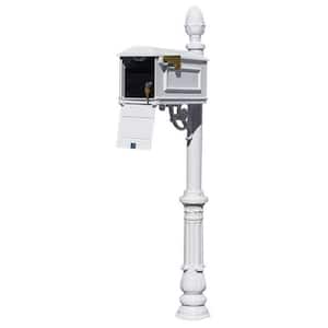 Lewiston White Post Mount Locking Insert Mailbox with decorative Ornate Base and Pineapple Finial