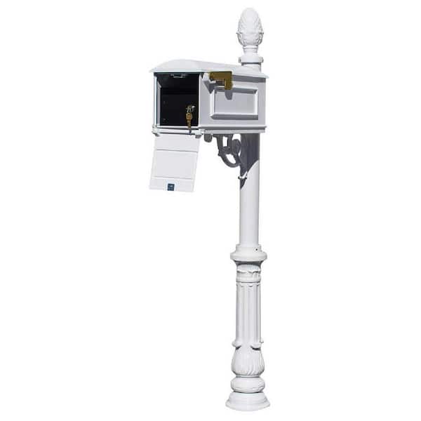 Unbranded Lewiston White Post Mount Locking Insert Mailbox with decorative Ornate Base and Pineapple Finial