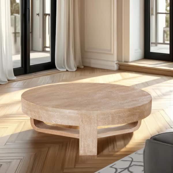 THE URBAN PORT Milan 32 in. Natural Brown Round Top Mango Wood Coffee Table with Open Sled Base