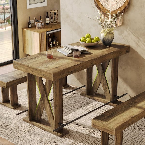 Kearsten 39 in. H Brown Rectangle Counter Height Bar Table Seats 4,Kitchen Pub Table w/ Metal Footrest and Sturdy X-Base