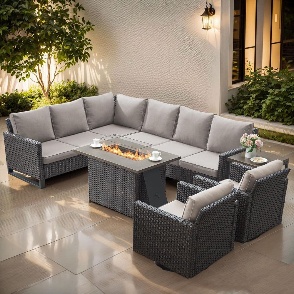 7-Piece Brown Wicker Fire Pit Conversation Set with Olefin Beige Cushions and Sectionsal Sofa/ Patio Swivel Chairs price history on PriceWatchPro