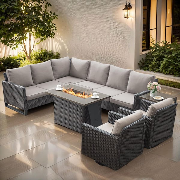 7-Piece Brown Wicker Fire Pit Conversation Set with Olefin Beige Cushions and Sectional Sofa/ Patio Swivel Chairs
