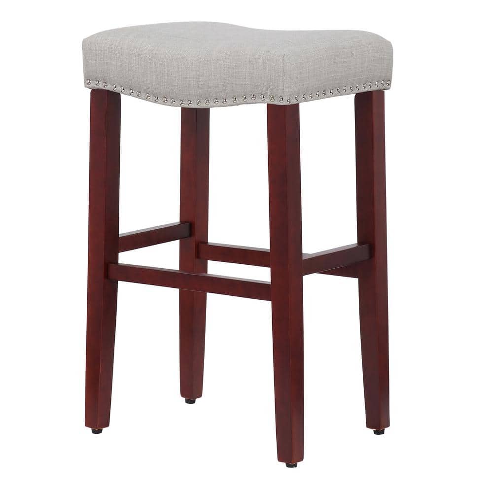 Cherry-Gray Saddle Seat 29" Bar Stool with Nailhead Trim - Set of 2