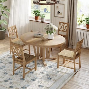 5-Piece Round Natural Wood Top Extendable Dining Table Set with 15.8 in. Removable Leaf, 4 Cross Back Chairs