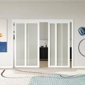 96 in. x 80 in. (Double 48 in. Doors) MDF, White Double Frosted 1-Panel Glass Sliding Door with All Hardware