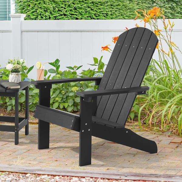 Sonkuki Black Recyled Plastic Weather Resistant Adirondack Chair with Cup Holder (Set of 1)