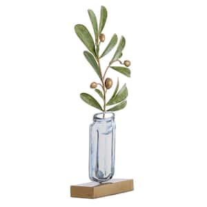 Planted Stem - 10 in. W x 20 in. H x 3 in. D - Metal Table Top Art Of Green Plant Stem With Gold Buds In Jar