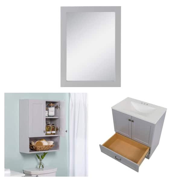 Lancaster 31 in. W Vanity in Pearl Gray and 20 in. Gray Mirror and 21 in. Gray Storage Cabinet Combo