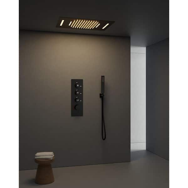LED Mood Lighting 7-Spray 23 x 15 in. Ceiling Mount Dual and Handheld Shower 2.5 GPM in Matte Black(Valve Included)