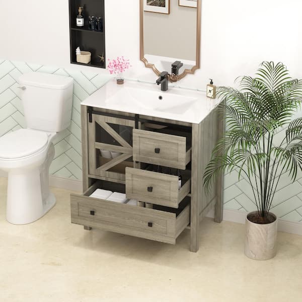 30 in. Single Sink Freestanding Grey Wood Barn Door Bath Vanity with White Ceramic Top Unassembled, Rustic Slider