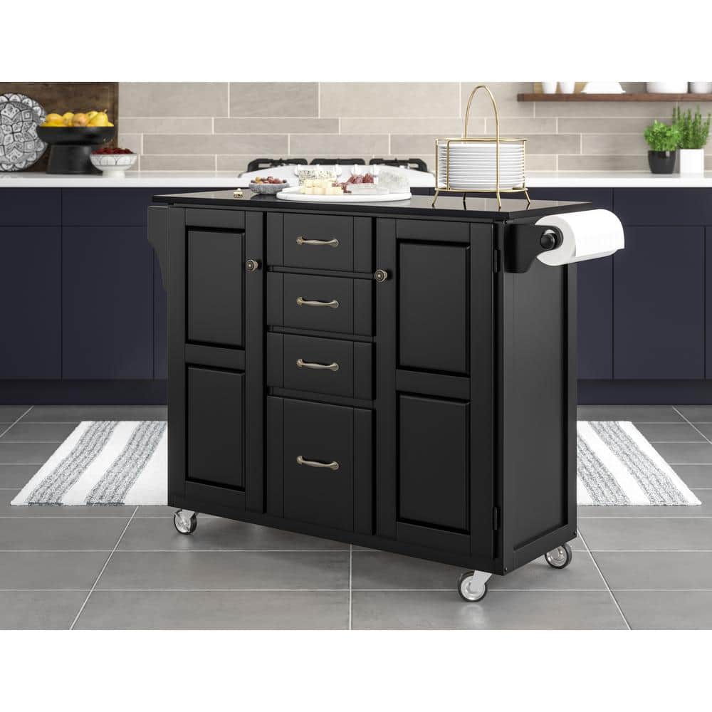 Black Granite Top Kitchen Cart with Storage and Spice Rack