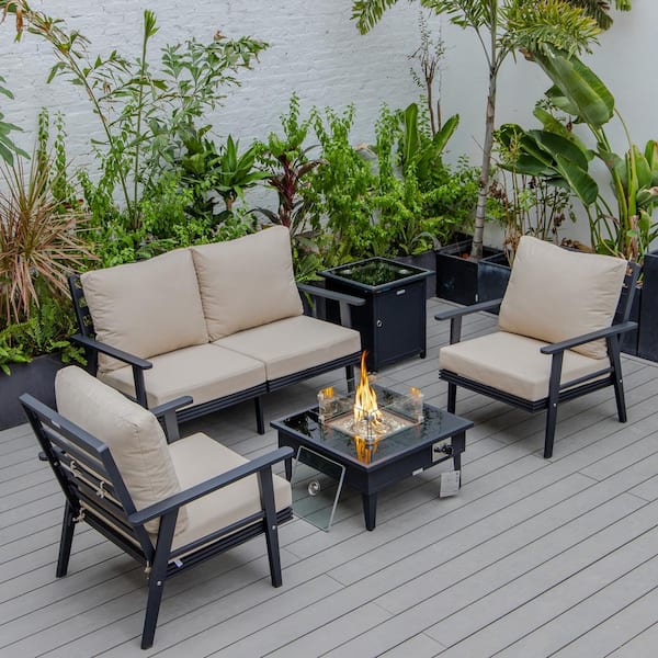 Leisuremod Walbrooke Black 5-Piece Aluminum Square Patio Fire Pit Set with Beige Cushions and Tank Holder