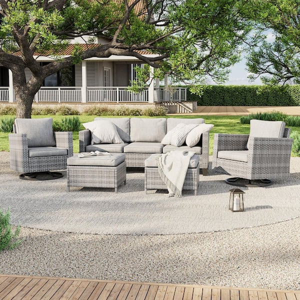 JOYESERY 5-Piece Patio Outdoor Grey Wicker Conversation Seating Set Thickening With Swiveling Rocker, Linen Grey Cushion