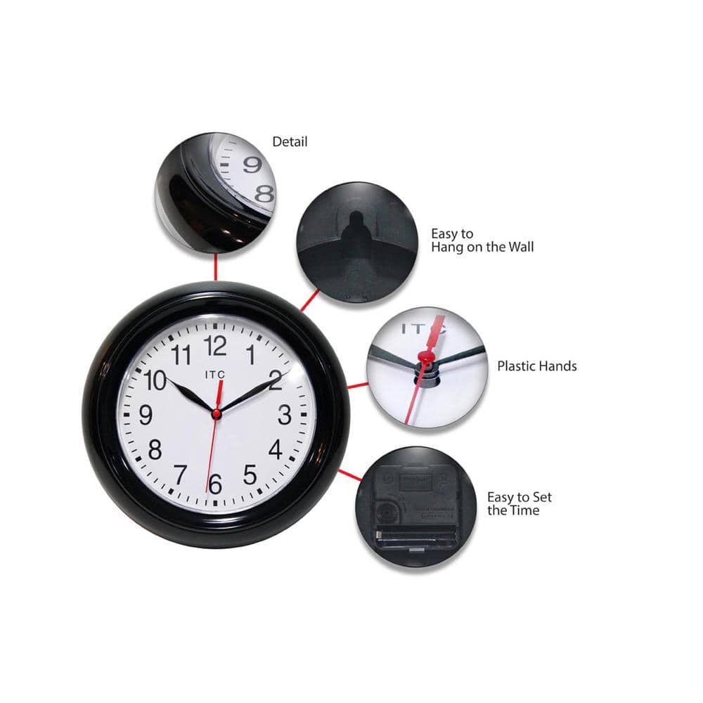 Black Round Plastic Wall Clock with Quartz Movement, 8.75 Inches