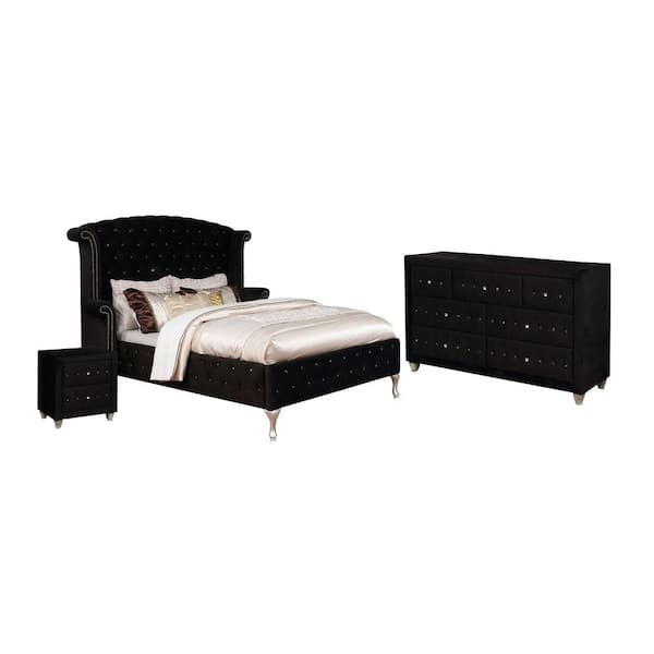 Furniture of America Nealyn 3-Piece Black Queen Wood Bedroom Set, Bed and Nightstand/Dresser