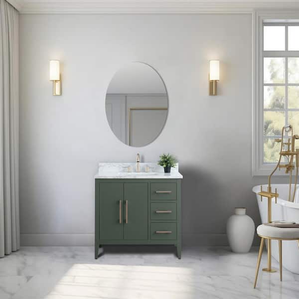 36 in. W x 22 in. D x 34 in. H Single Sink Bathroom Vanity Cabinet in Vintage Green with Engineered Marble Top in White