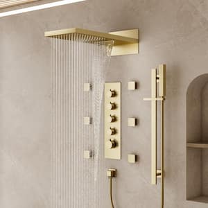 Thermostatic Valve 15-Spray 22 in. x 10 in. Dual Wall Mount Shower Head and Handheld Shower 2.5 GPM in Brushed Gold