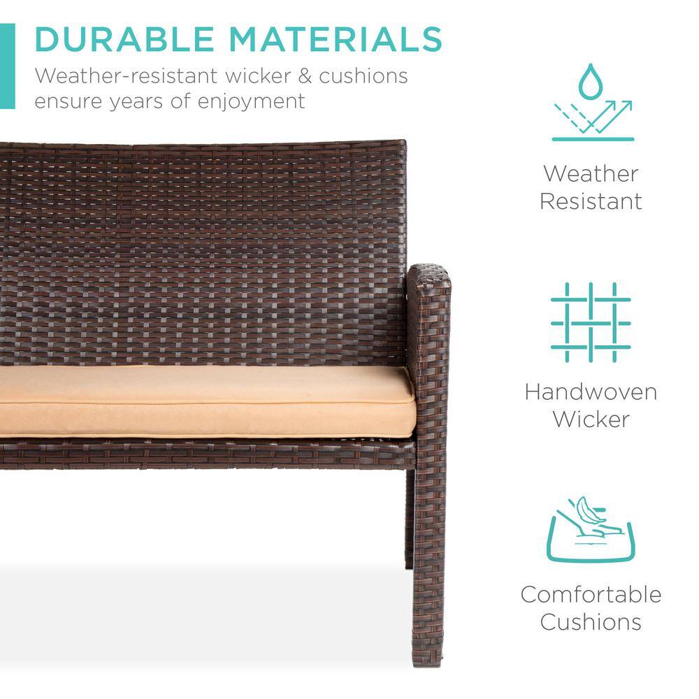 4-Piece Brown Wicker Patio Conversation Set with Beige Cushions and Glass Table