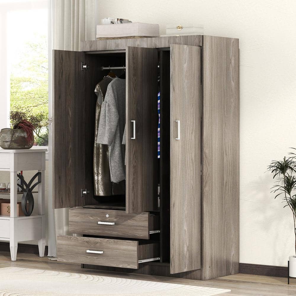 Nestfair 3-Door Gray Wood 41.3 in. W Wardrobe with 2-Drawers