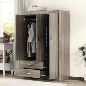 3-Door Gray Wood 41.3 in. W Wardrobe with 2-Drawers