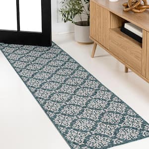 Amora Turquoise/Cream 2 ft. x 8 ft. Traditional Mediterranean Tile Design Indoor/Outdoor Runner Rug