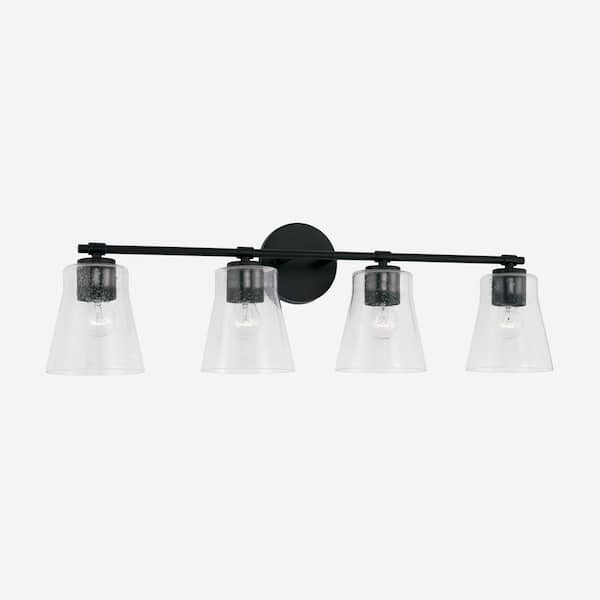 HOMEPLACE LIGHTING 32 in. W x 9.5 in. H 4-Light Vanity Light in Matte Black with Clear Seeded Glass