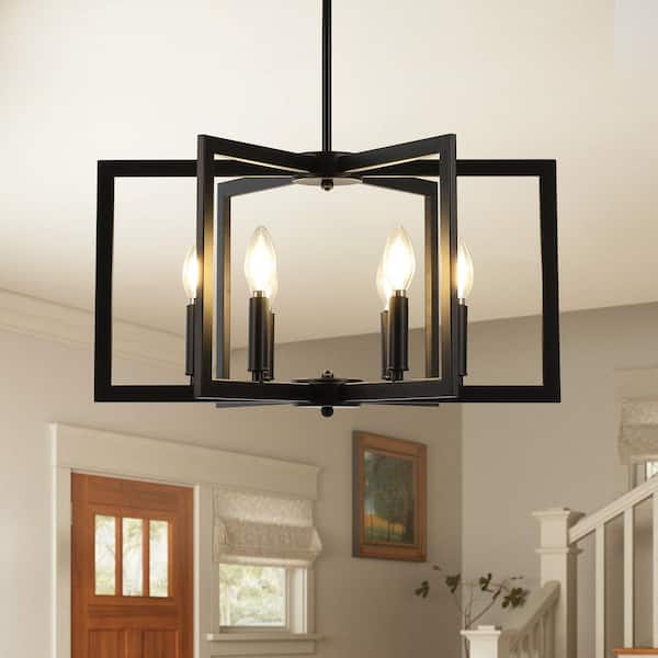 6-Light Black Geometric Industrial Chandelier, Candle Style Rustic Hanging Ceiling Lighting for Living Room and Kitchen