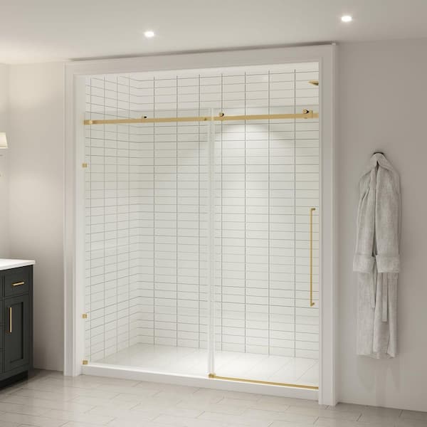Selby 72.01 in. W x 74.02 in. H Sliding Frameless Shower Door with Clear Glass in Brushed Gold