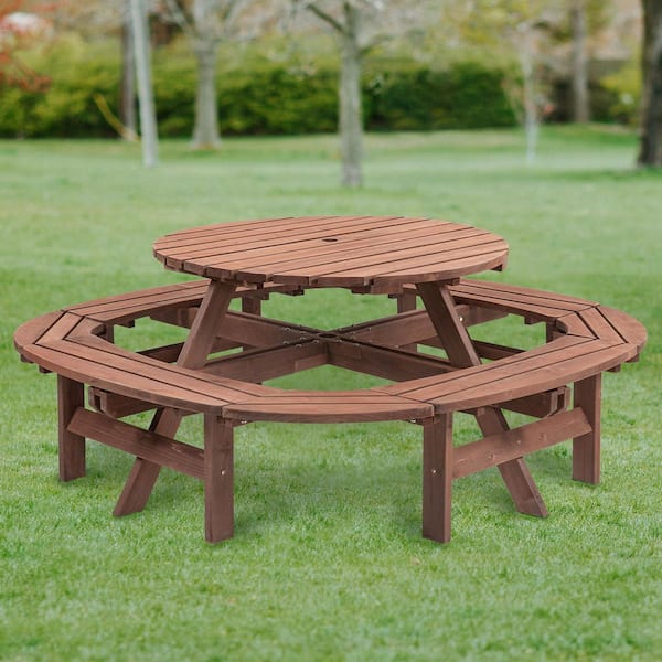 70.4 in. Walnut Brown Round DIY Wood Outdoor Picnic Tables Seats 12 with 1.97 in. Umbrella Hole, Built-in Ring Stool