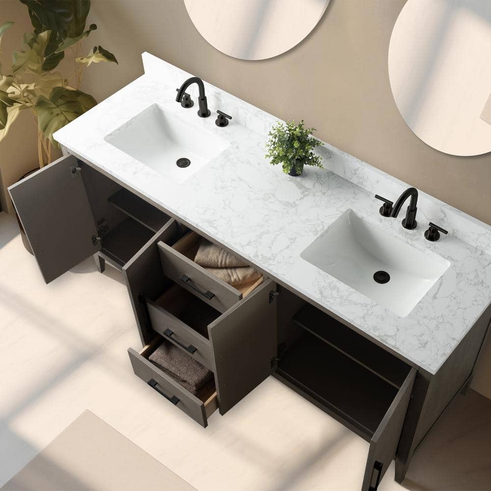 72'' Driftwood Gray Double Sink Bathroom Vanity with Marble Top