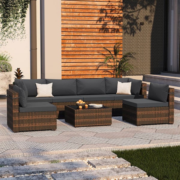 UPHA 7-Piece Wicker Outdoor Patio Conversation Sectional Seating Set with Dark Gray Cushions