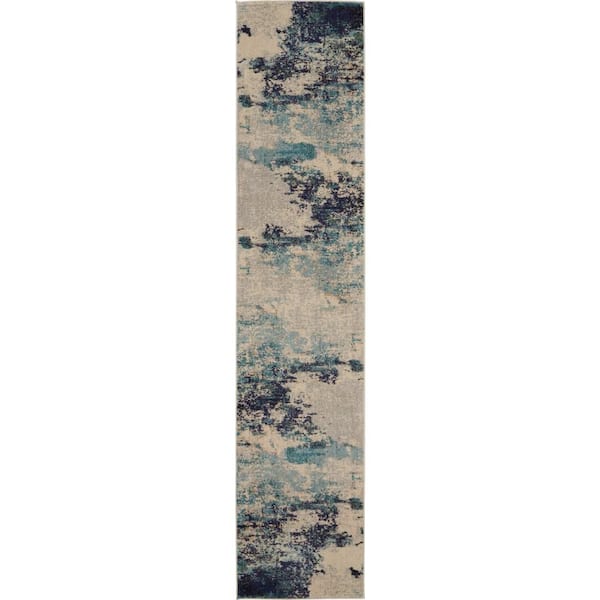 Celestial Ivory/Teal Blue 2 ft. x 12 ft. Abstract Modern Kitchen Runner Area Rug