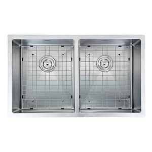 Prestige Series Undermount Stainless Steel 28 in. Double Bowl Kitchen Sink in Satin-Finish with Grids & Strainers