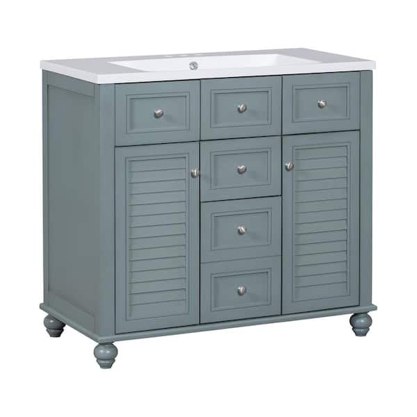 36 in. W x 18 in. D x 34 in. H Single Sink Bath Vanity in Gray Blue with White Resin Top and 2-Drawers