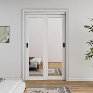 48 in. x 80 in. Solid Core 1-Lite Mirror White Primed MDF Interior Closet Sliding Door with Hardware and Black Handle