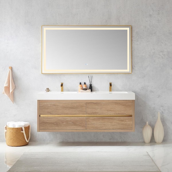 ROSWELL Palencia 60 in. W x 20 in. D x 23.6 in. H Double Bath Vanity in North American Oak with White Composite Integral Top