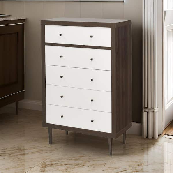 Benjara Walnut Brown and White 4-Drawers 31.1 in. Dresser Without Mirror