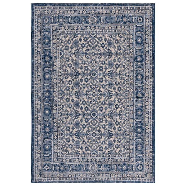 Courtyard 7 ft. x 10 ft. Navy/Beige Abstract Ornate Floral Indoor/Outdoor Area Rug
